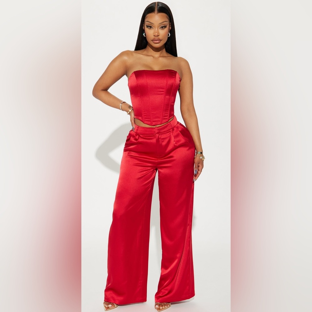 Fashion nova Adriana Satin Pant Set - Red